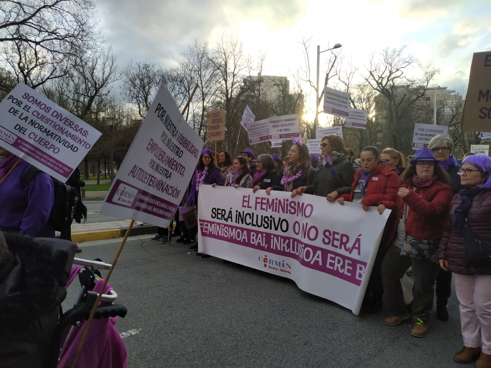 pancarta con el texto "El feminismo será inclusivo o no será" y portando la pancarta varias mujeres con discapacidad