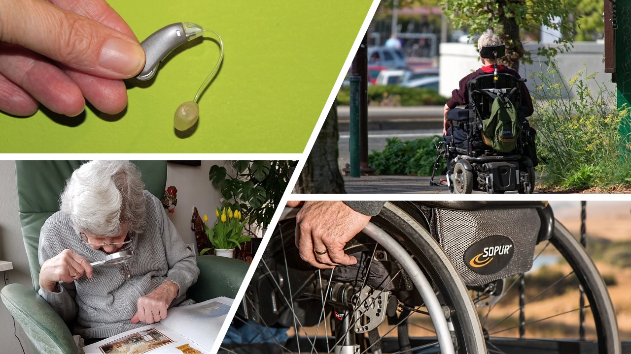 cuatro imágenes con productos de apoyo para personas con discapacidad: un audífono, una silla de ruedas eléctrica, una señora con una lupa y última imagen es una silla de ruedas manual