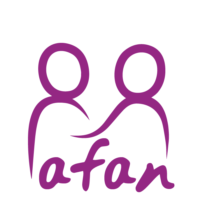 Logotipo de de AFAN escrito con letras en color morado y dos siluetas en color morado, mirándose de frente