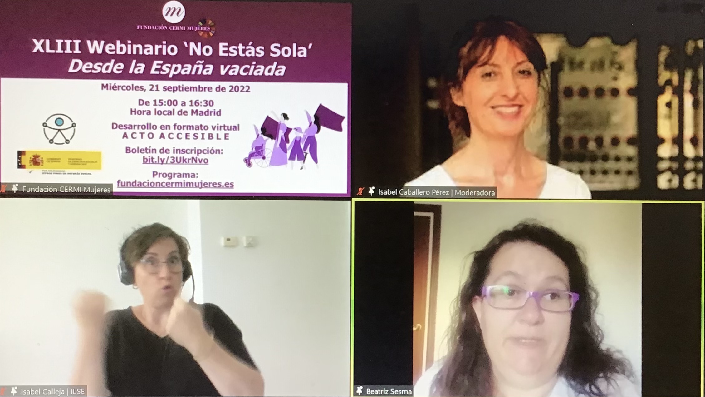 Captura de pantalla de un momento del webinar 'No estás sola'. En la imagen, Isabel Caballero, Isabel Calleja (intérprete de Lengua de Signos Española) y Beatriz Sesma. 