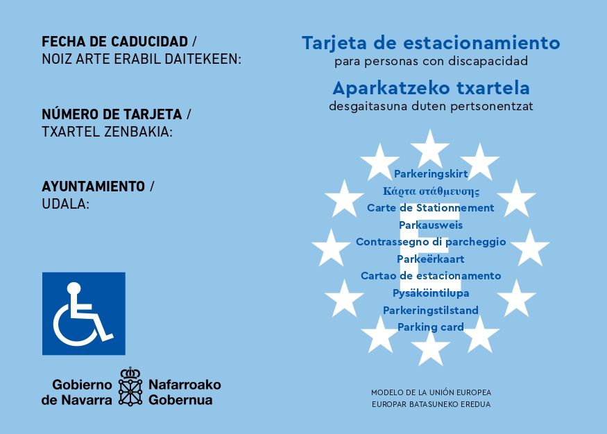 Cara de la tarjeta de estacionamiento para personas con discapacidad, modelo de la Unión Europea. Los datos que aparecen en la cara son la fecha de caducidad, el número de tarjeta y el ayuntamiento.