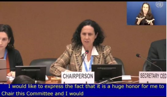 Imagen de Ana Peláez, en un momento de su jura del cargo. Hay subtítulos que reproducen lo que está diciendo: "Es un gran honor para mí presidir este Comité".