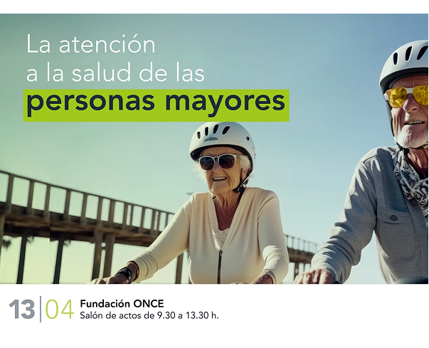 La fotografía del cartel muestra a dos personas mayores andando en bicicleta, disfrutando de su buena salud.