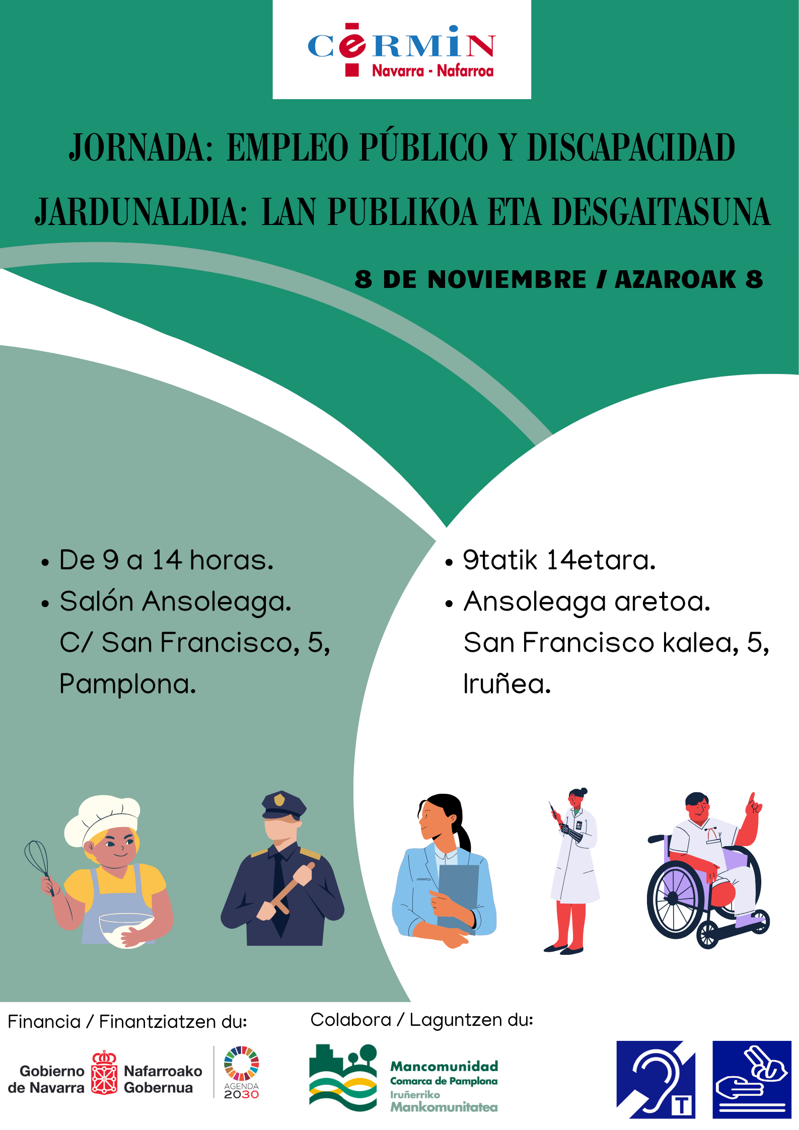 Jornada Empleo Público y Discapacidad. 8 de noviembre. Salón Ansoleaga. Calle San Francisco 5 de Pamplona. Cartel Jornada