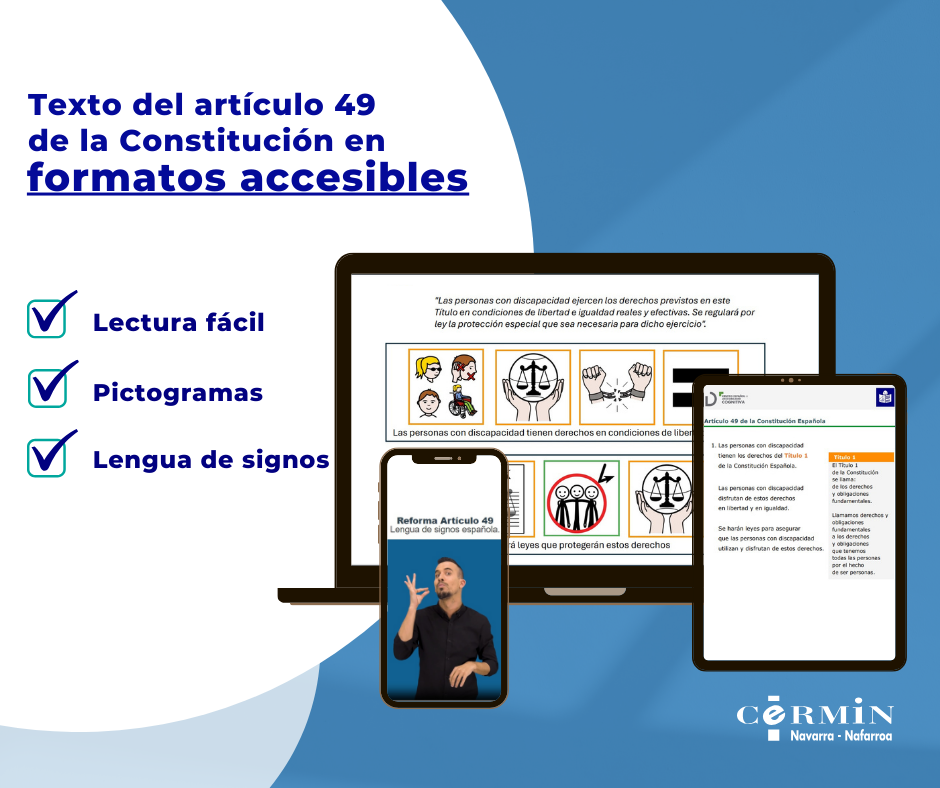Creatividad de artículo 49 de la Constitución donde se indica que el texto se encuentra en formato accesible en lectura fácil, pictograma y lenguaje de signos