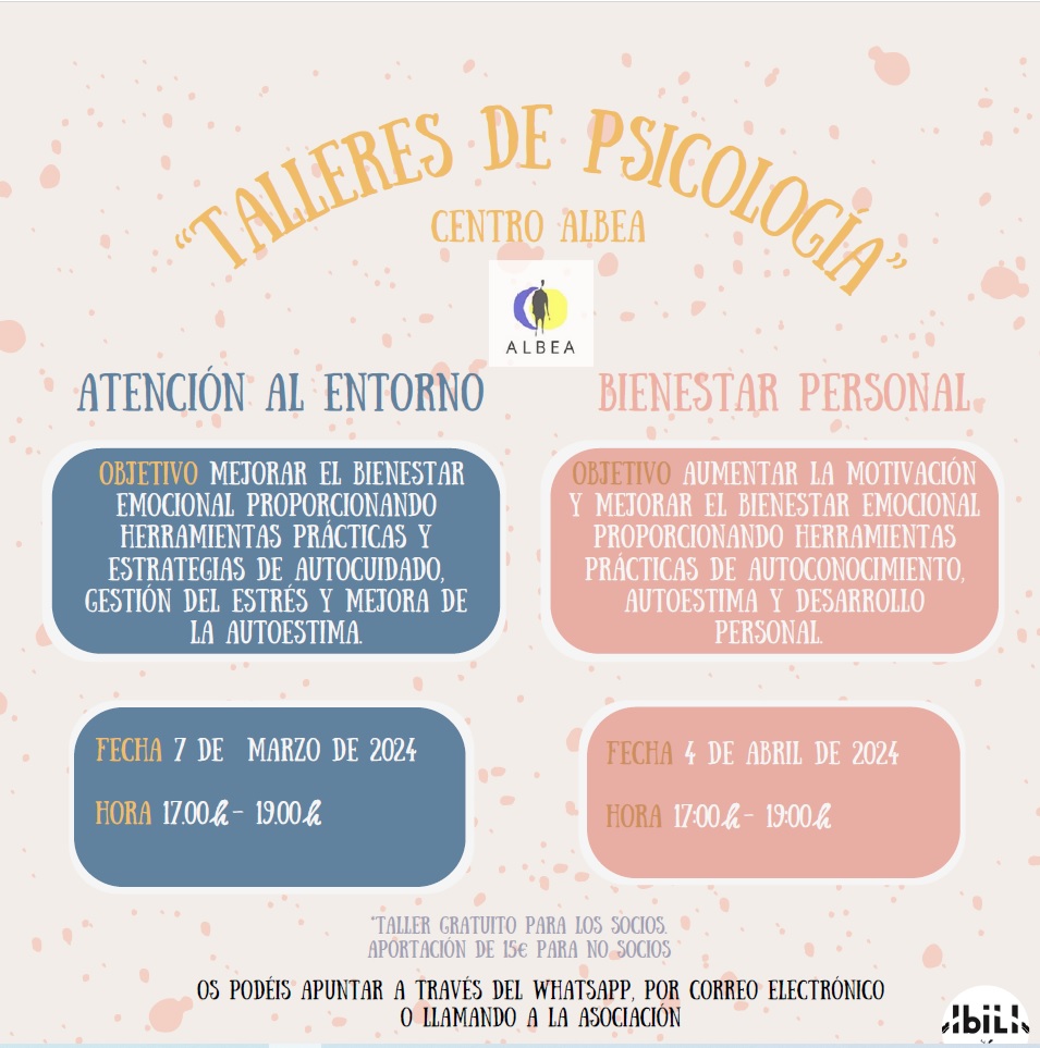 Cartel de la entidad Ibili donde se mencionan los talleres de psicología que da para el mes de marzo y abril