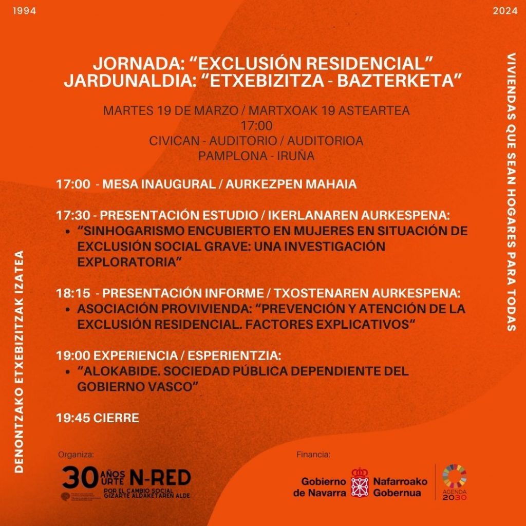 Programa de la jornada de 'exclusión residencial' por Red Pobreza Navarra