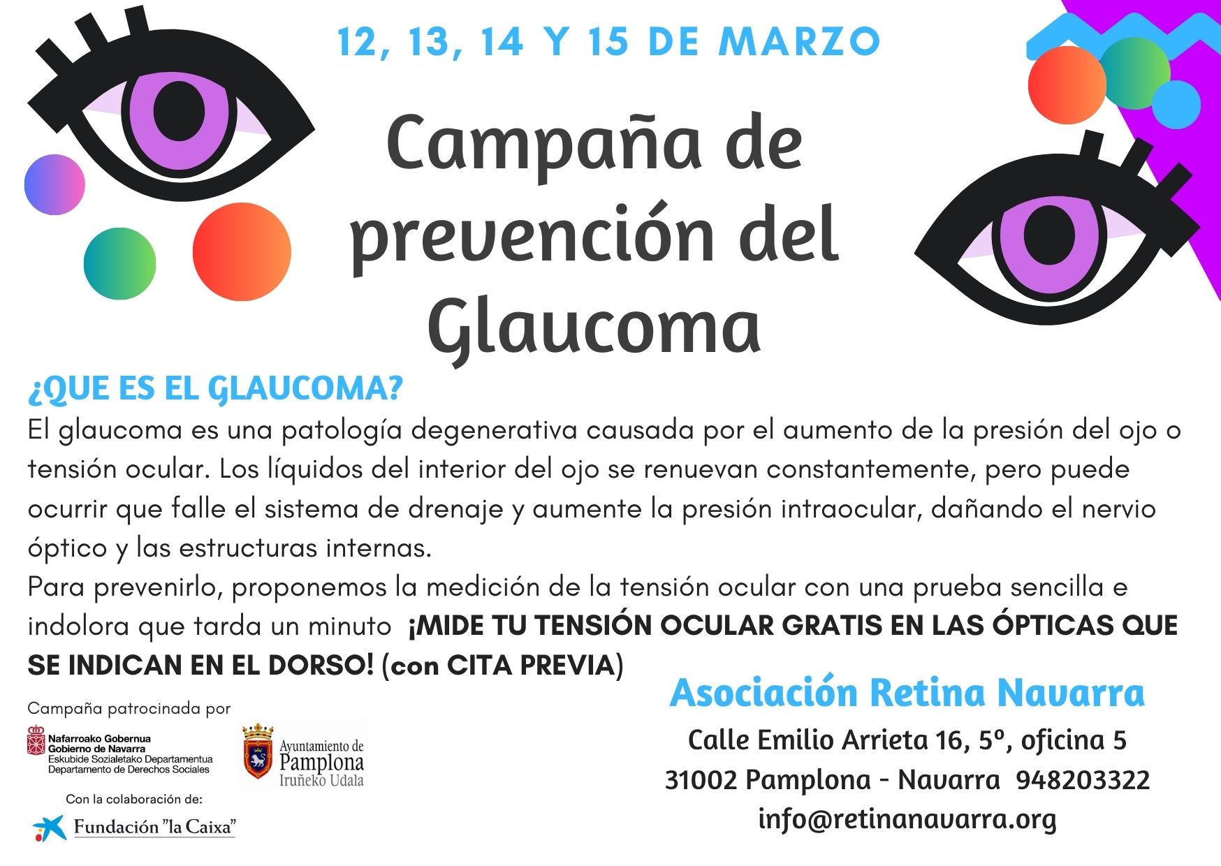 Cartel de campaña de prevención del glaucoma por Retina Navarra que tiene lugar del 12 al 15 de marzo en algunas ópticas navarras