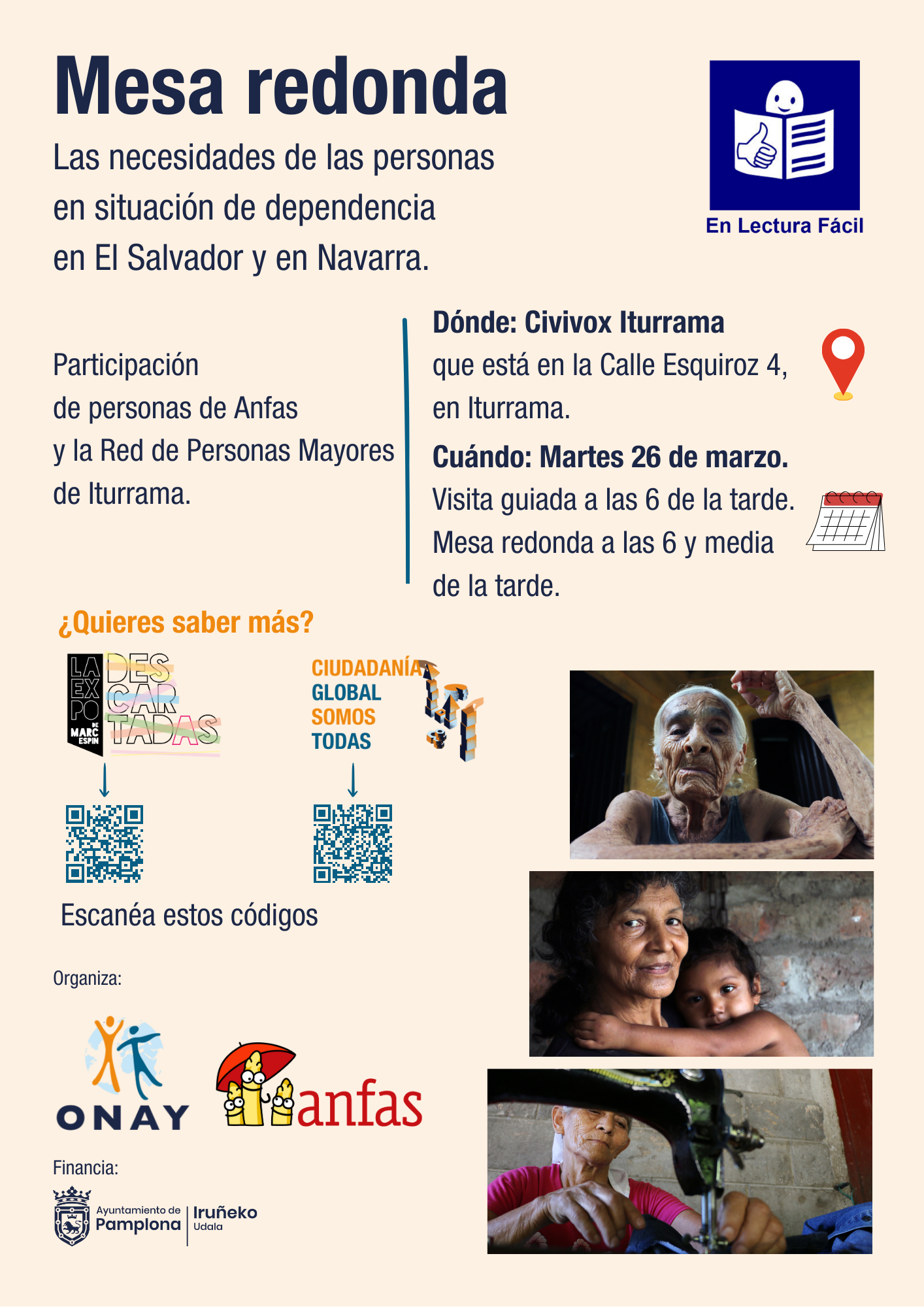 Imagen del cartel Mesa redonda 'Las necesidades de las personas en situación de dependencia en El Salvador y en Navarra organizado por ANFAS y ONAY