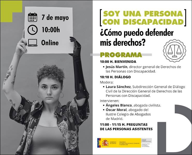 cartel informativo e ilustrativo de la jornada en el que una mujer con una prótesis en el brazo sostiene un cartel con el dia y la hora de la charla online.