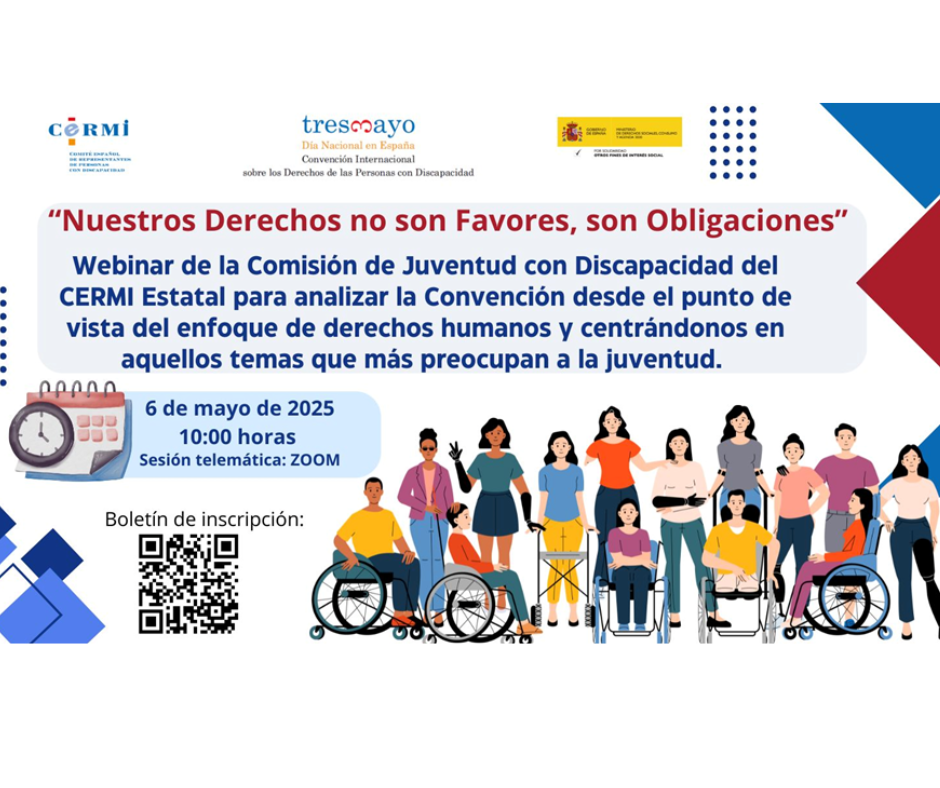 Cartel presentación de la jornada donde se indica el título, la hora y día, un QR para más información y personas en 2D que ilustran el contenido.