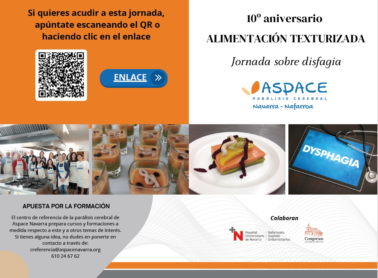 Portada de la jornada de la jornada de ASPACE ALIMENTACIÓN TEXTURIZADA. Está el QR para inscribirse, fotografías recurso para contextualizar con temas de alimentación, logos de organizadores.
