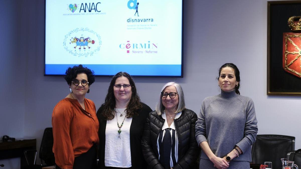 Fotografía de grupo cuatro personas en representación de CERMIN, ADHI, ANAC y DISNAVARRA en el Parlamento de Navarra.