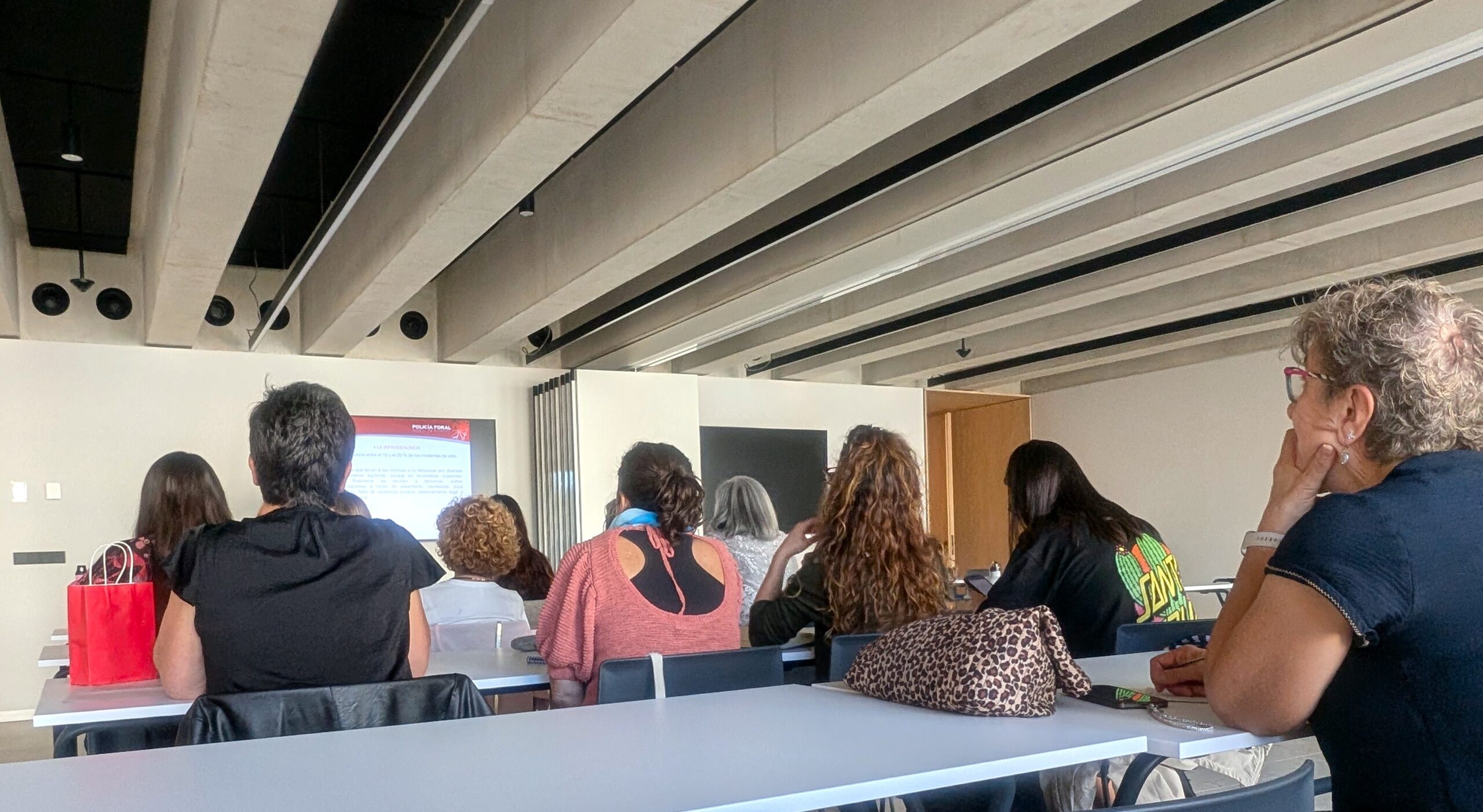 Personas mirando a la pantalla de proyección de la presentación en una sesión informativa