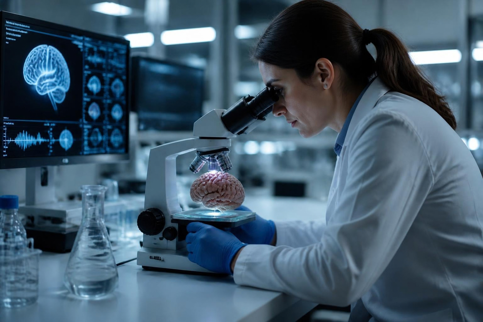 mujer científica observando un cerebro en un microscopio